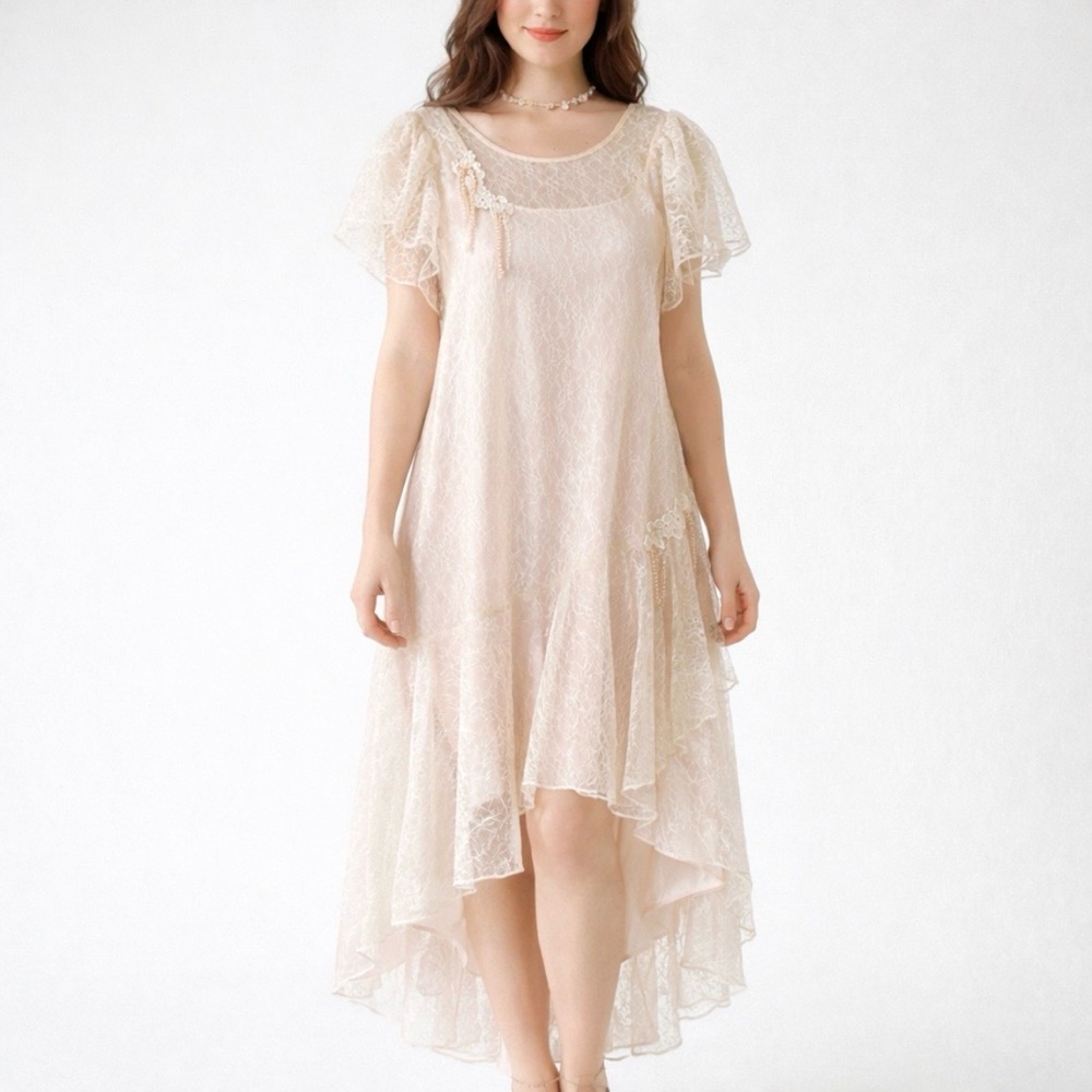 VINTAGE JCPENNEY Lace Asymmetric Formal Dress Pearl Fringe Victorian Goth Size L - Picture 1 of 12